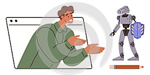 Man Interacting with Robot Through Digital Window, Symbolizing Technology and Innovation