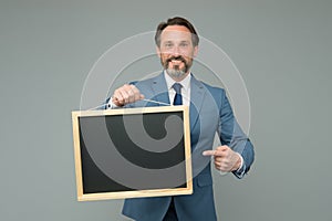 Man classy suit director business company show information blackboard copy space, steps to success concept