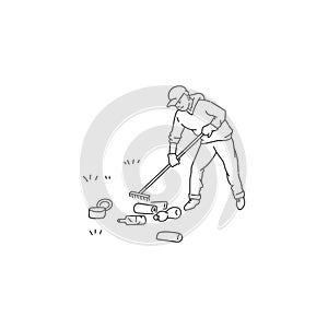 man clean environment from trash and waste. Vector black white doodle line illustration of solving environmental