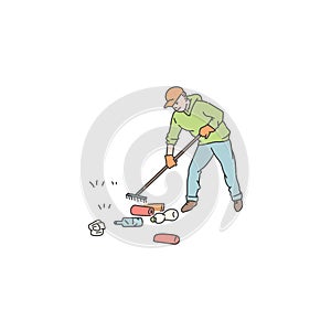 man clean environment from trash and waste. Vector doodle line illustration of solving environmental problems.