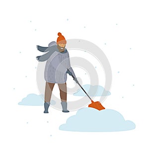 Man clean up shoveling snow drifts cartoon isolated vector illustration