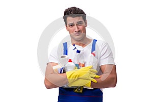 The man with cleaning agents isolated on white background