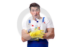 The man with cleaning agents isolated on white background