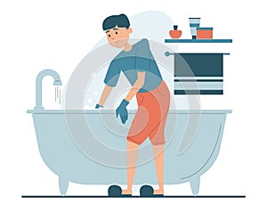 Man cleaning bathtub vector isolated. Domestic routine