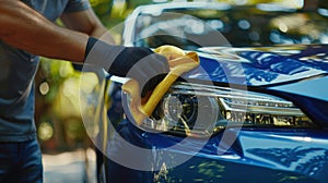 Man cleaning a blue car.AI generated image