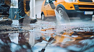 Man cleaning car after rain shower