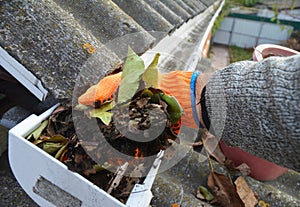 A man is cleaning a clogged roof gutter from dirt, debris and fallen leaves to prevent water damage and let rainwater drain