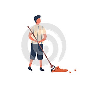 Man cleaning fallen leaves flat vector illustration. Young rancher, farm worker cartoon character. Farmer holding garden