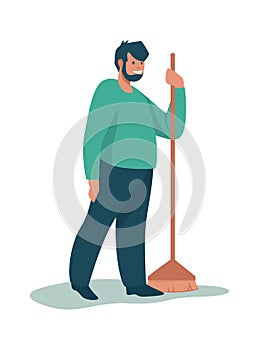 Man cleaning garbage. Cartoon male standing with broom. Happy volunteer sweeping trash. Young character holding
