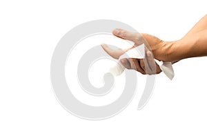 Man cleaning his hand with wet tissue isolated