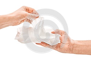 Man cleaning his hand with wet tissue isolated on white background
