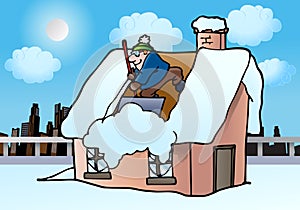 Man cleaning house roof burried under white snow