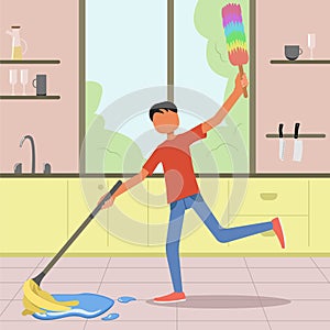 man cleaning house with wet mop and fluffy duster