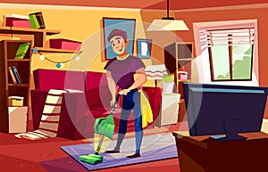 Man cleaning living room vector illustration