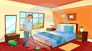 Man cleaning room with vacuum cleaner vector illustration