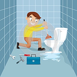 Man cleaning toilet sewerage with plunger