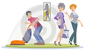 Man is cleaning up house. Woman is watching his. Illustration for internet and mobile website