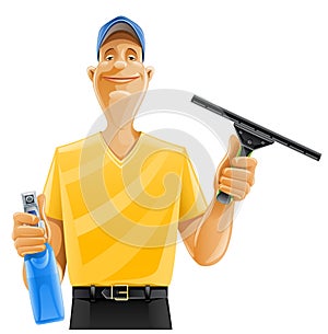 Man cleaning window squeegee spray photo
