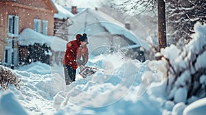 Man Clearing Snow with a Snowblower During Winter Season. Generative ai