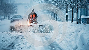 Man Clearing Snow with a Snowblower During Winter Season. Generative ai