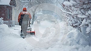 Man Clearing Snow with a Snowblower During Winter Season. Generative ai