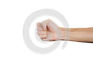 Man clenched fist to punch isolated on white background. Hand gesture. Clipping path