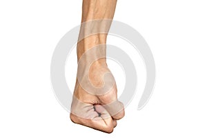 Man clenched fist to punch isolated on white background. Hand gesture. Clipping path