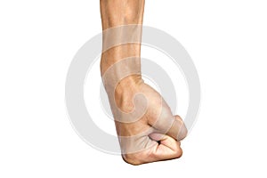 Man clenched fist to punch isolated on white background. Hand gesture. Clipping path