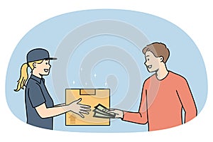 Man client pay cash for package delivery