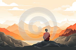 man on a cliff admiring he mountains at sunset