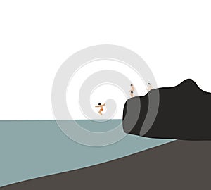 Man cliff jumping into the sea during holiday vacation, Summer fun adventure outdoor