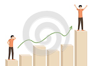 Man climbing bar graph vector illustration. Male character at beginning and at top of career ladder. Businessman