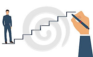 Man is climbing career ladder. Human hand drawing stairs close up. Concept of business development.