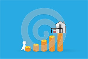 Man climbing coins stack with home, real estate and business concept