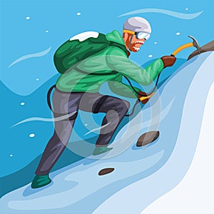 Man climbing ice mountain in snow storm. extreme sport scene illustration vector