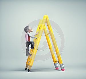 Man climbing on a ladder made of pencils