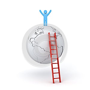 Man climbing ladder to standing with arms wide open on top of the world the business goal concept