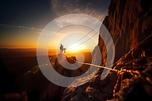 Man climbing a mountain cliff at sunset or dawn. Extreme sport challenge action. Free person with equipment and wires