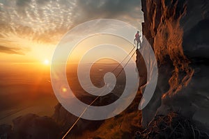 Man climbing a mountain cliff at sunset or dawn. Extreme sport challenge action. Free person with equipment and wires