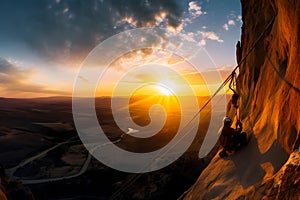Man climbing a mountain cliff at sunset or dawn. Extreme sport challenge action. Free person with equipment and wires