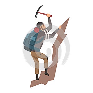 Man Climbing on Rock Mountain with Equipment Vector Illustration