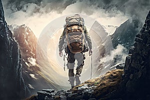 man, climbing up mountain with backpack on his back and ropes in hand