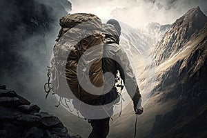 man, climbing up mountain with backpack on his back and ropes in hand