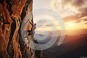 Man Climbing Up Mountain, Determined Adventure Seeker Conquers Majestic Summit, rock climbing man rock climber climbing the