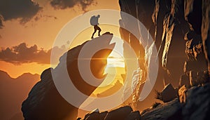 Man Climbing Up Mountain Sunset, Determination and Adventure, Outdoor Recreation, Generative AI