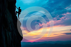 A Man Climbing up the Side of a Mountain at Sunset, A colorful sunset over a tall, challenging cliff-face with a lone climber