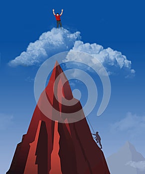 A man climbs beyond the summit of a mountain and reaches the top of a cloud