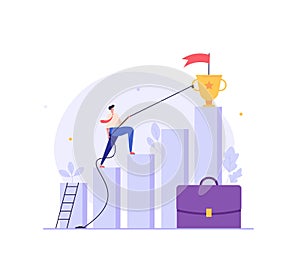 Man climbs the career ladder. Concept of career success, motivation, achieving goals, path to the target`s achievement. Vector photo