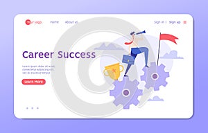 Man climbs the career ladder. Concept of career success, motivation, achieving goals, path to the target`s achievement. Vector photo