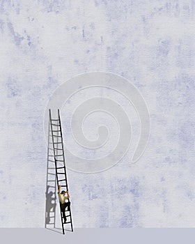 A man climbs a ladder that leans against a high wall